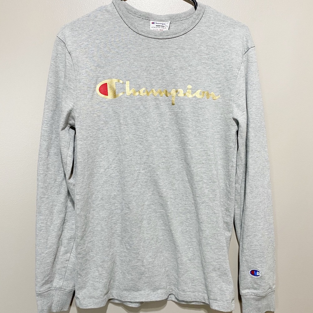 Champion Gold Spell Out Grey Long Sleeve Tee